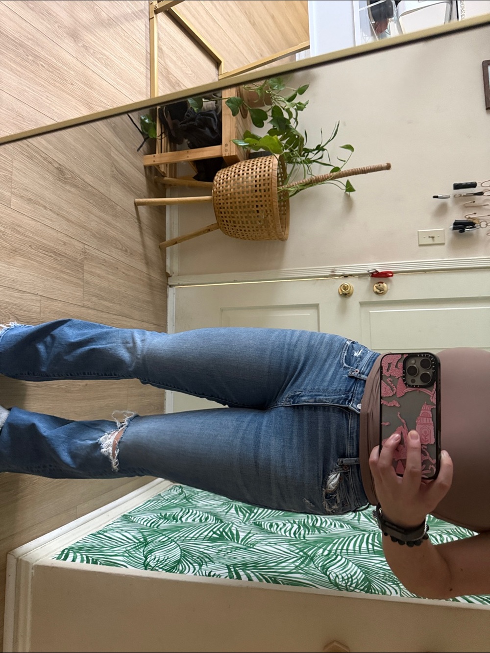 American Eagle Outfitters Blue High-Rise Flare Jeans with Knee Rip